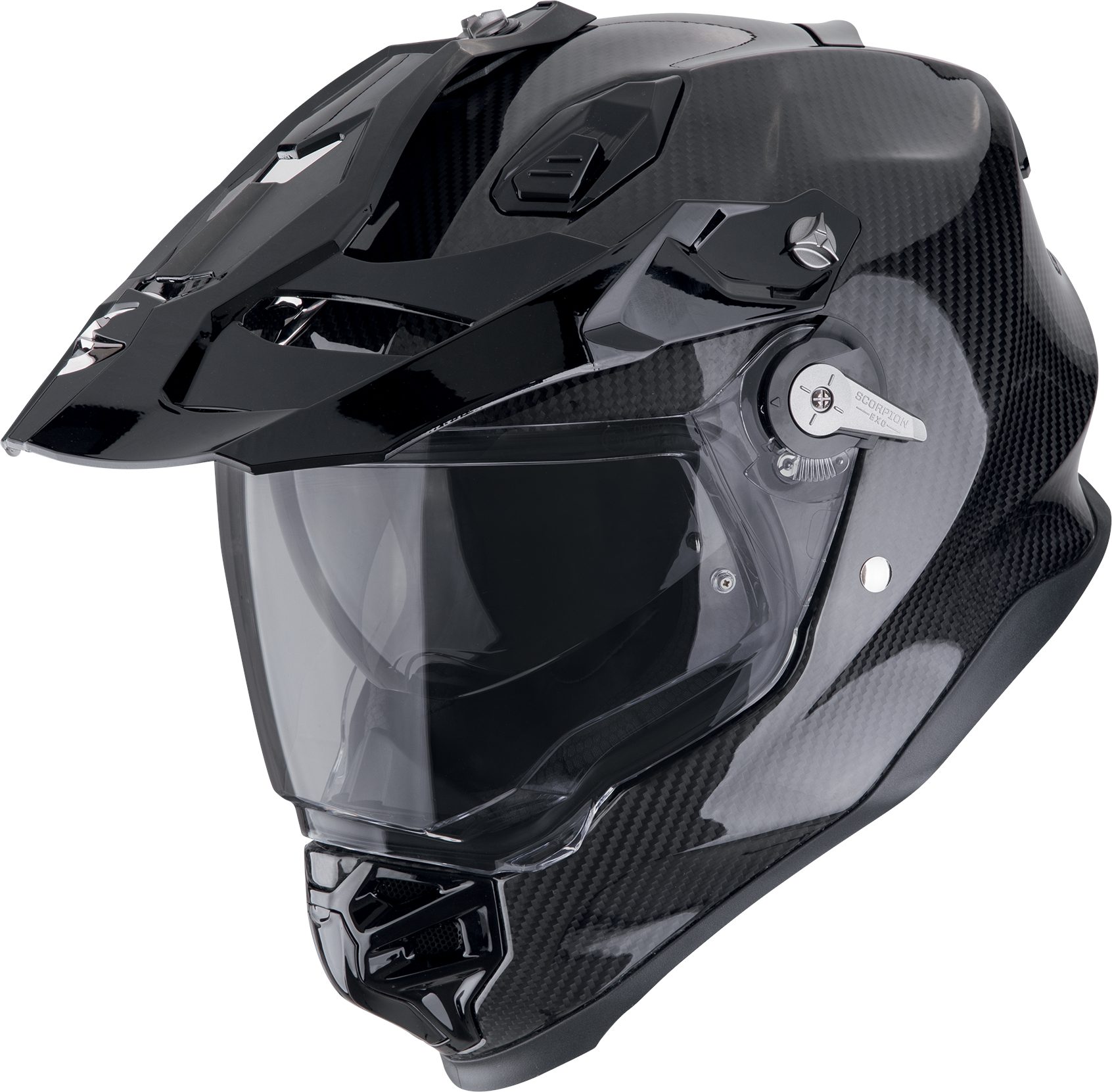 Casque moto Scorpion intégral posé sur une selle de moto, visière fermée