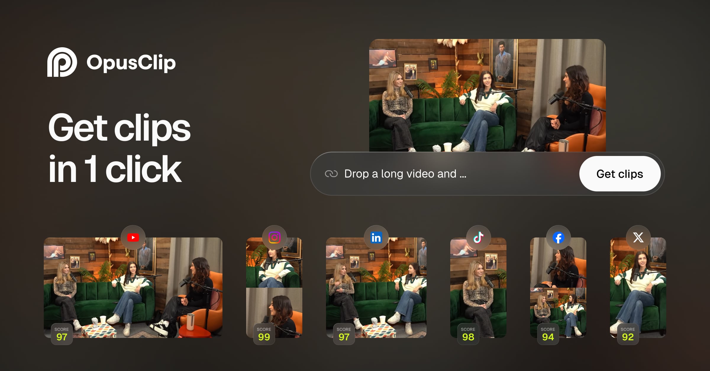 Interface d'Opus Clip montrant le découpage automatique d'une longue vidéo en clips courts verticaux