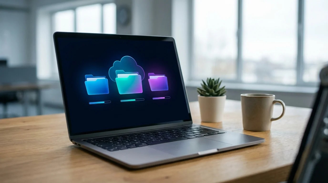 Interface de stockage cloud affichant des dossiers de photos, vidéos et documents