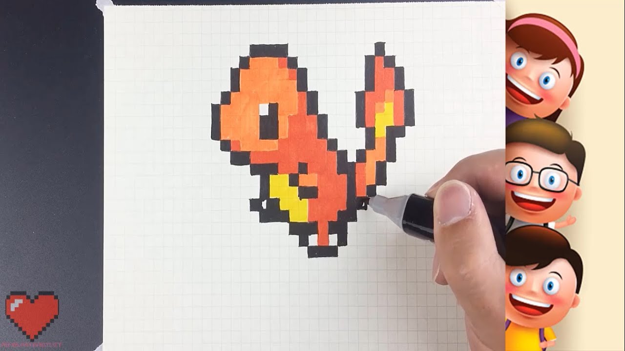 Modèle de Pikachu en pixel art sur quadrillage coloré