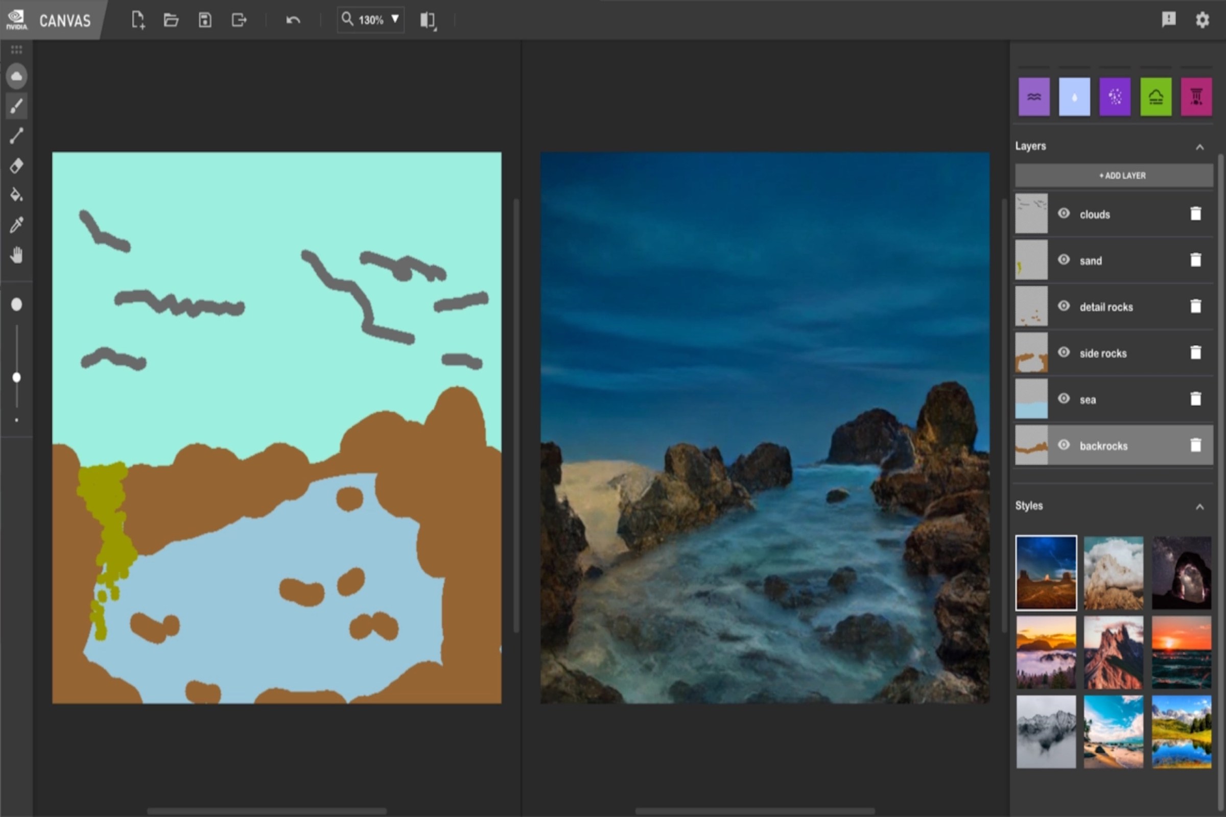 Interface de NVIDIA Canvas avec un croquis de paysage à gauche et son rendu photoréaliste généré par l'IA à droite